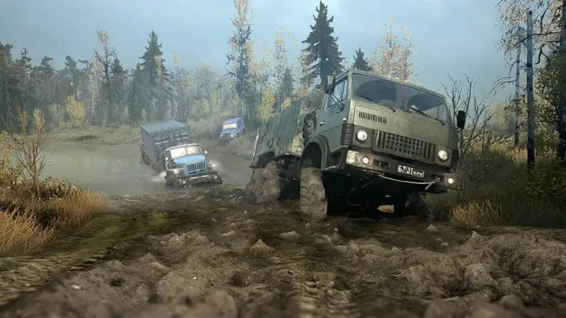 MudRunner offroad driving through mud and forest roads
